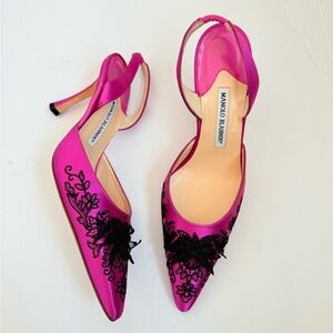 Manolo Blahnik Pink Heels with Black Embroidery
